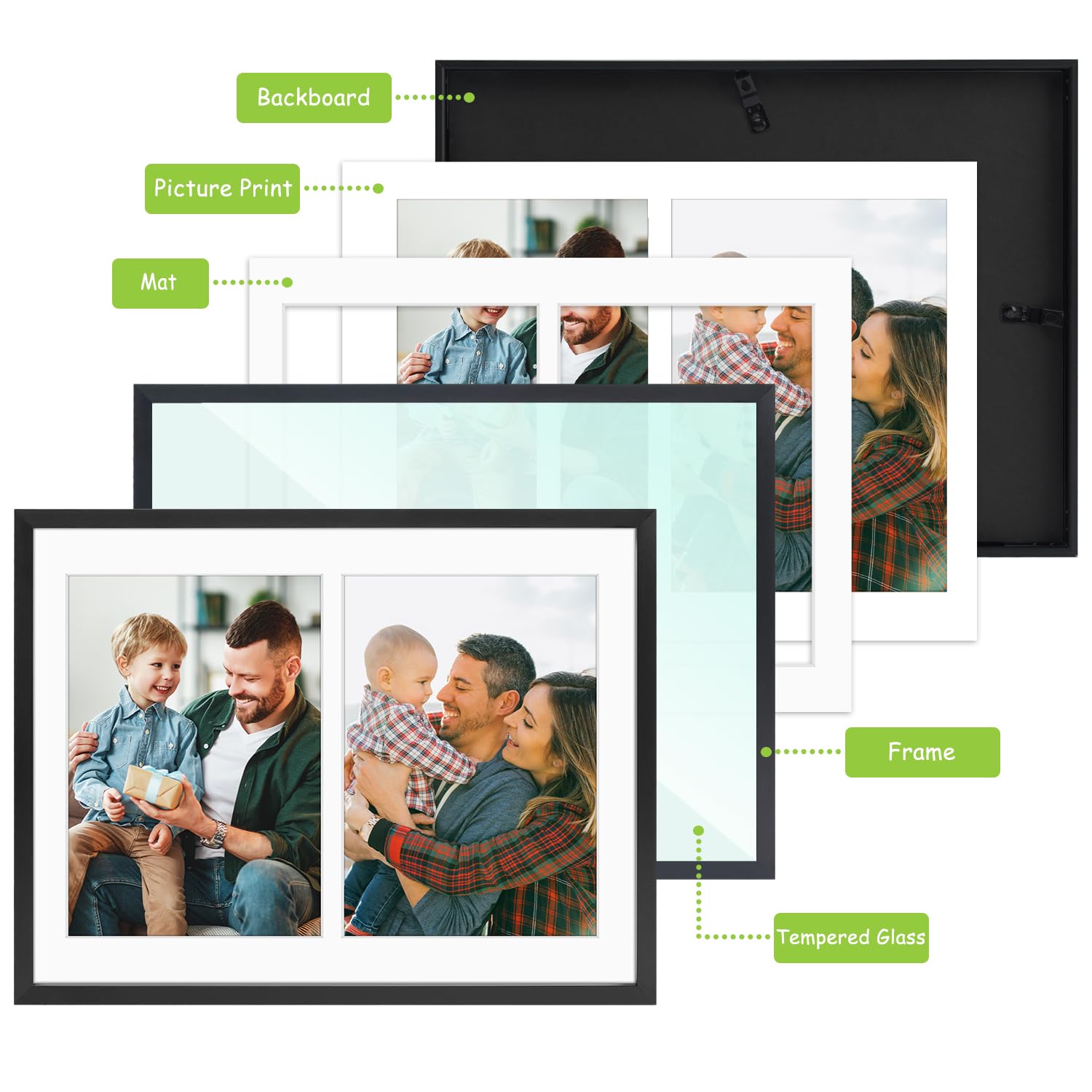 Golden State Art, 5x7 Aluminum Collage Frame, Displays 7x5 Pictures With 2 Openings Mat or One 8.5x11 Photo, Real Glass, Portrai